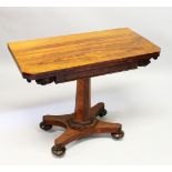 A WILLIAM IV ROSEWOOD CARD TABLE, the fold-over top having clipped corners, on a tapering