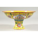 A FAMILLE JAUNE PEDESTAL BOWL, painted with flowers and bats. 19cms diameter.