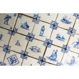 A COLLECTION OF 130 DELFT BLUE AND WHITE SQUARE TILES, some plain, some with figures and others with