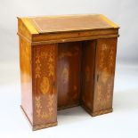 A 19TH CENTURY CONTINENTAL MAHOGANY AND MARQUETRY KNEEHOLE BUREAU, with a fall flap, central door,