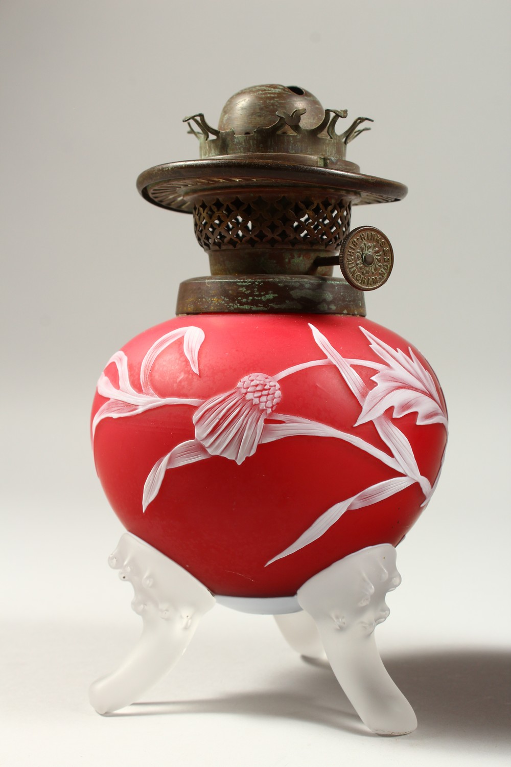 A PAIR OF RED AND WHITE CAMEO GLASS OIL LAMP BASES, with flowers, leaves and thistles. 7.5ins high. - Image 2 of 13