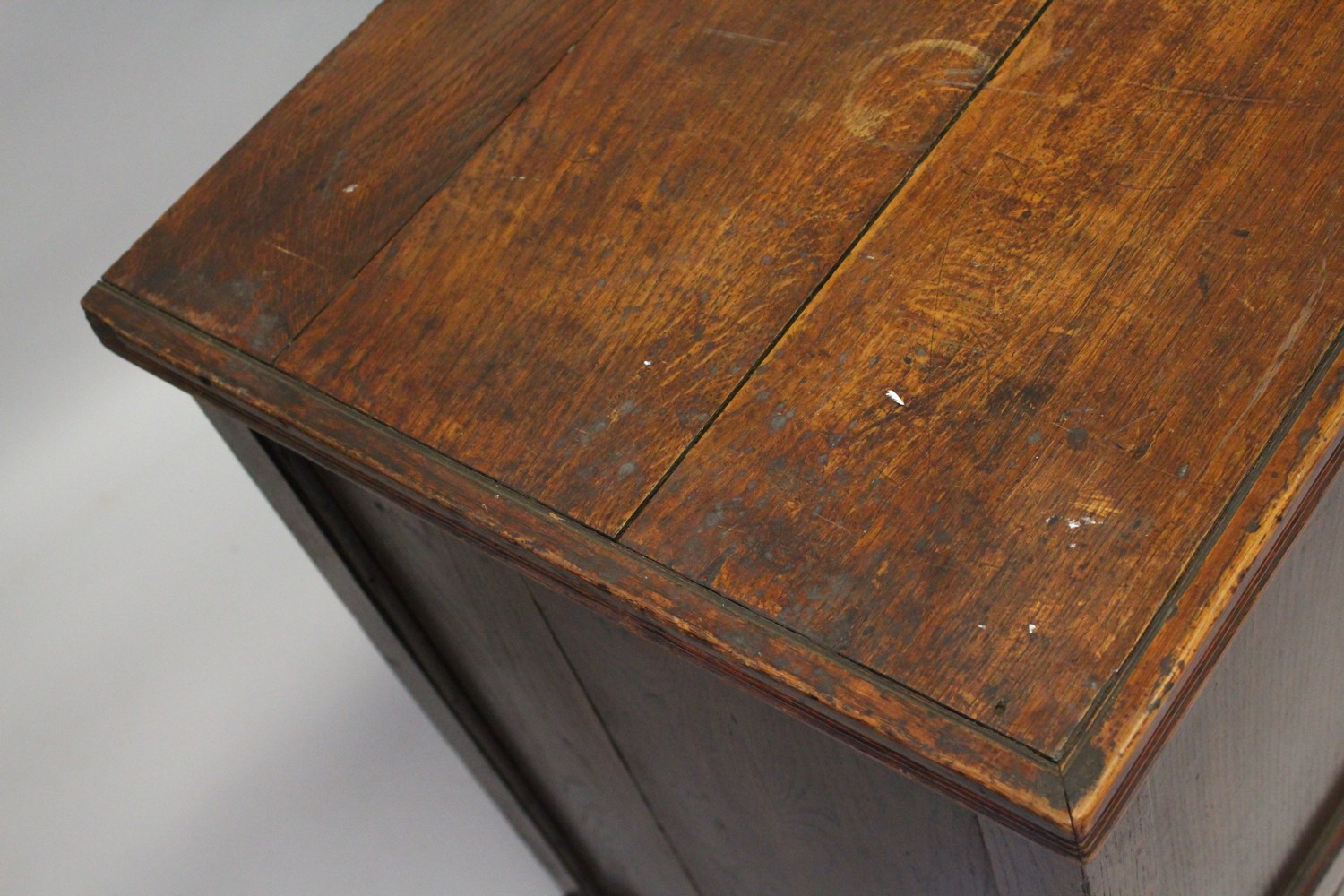 A 19TH CENTURY OAK COFFER BACK, with a plain plank top, triple panel front and two drawers, on - Image 3 of 11