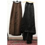 VICTORIAN 1860'S BLACK SILK BUSTLE SKIRT, with long fishtail and hand beaded waist; also brown