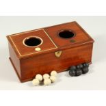 AN EDWARDIAN MAHOGANY GENTLEMEN'S CLUB "BLACK BALL" BOX, with two circular apertures and inlaid