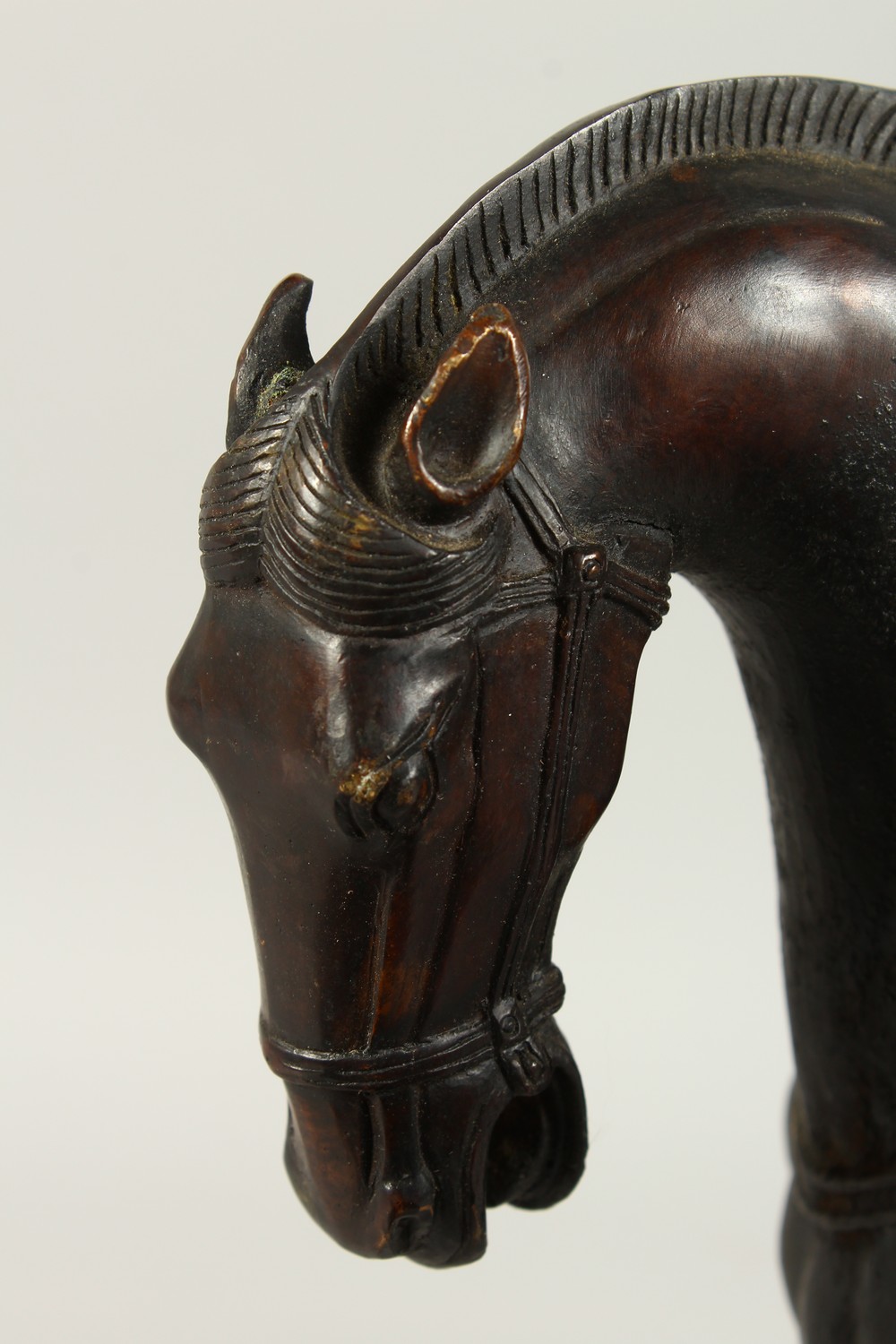 A PAIR OF BRONZE TANG STYE STANDING HORSES. 29cms high. - Image 4 of 6