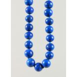 A LAPIS LAZULI BEAD NECKLACE, with small gold clasp. 47cms long.