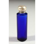 AN EDWARD VII PLAIN BRISTOL BLUE CIRCULAR SCENT BOTTLE with screw off plain silver top. Birmingham