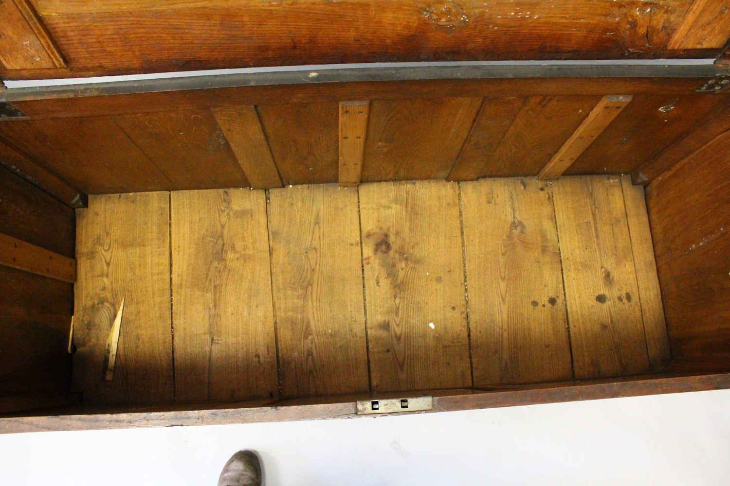 A 19TH CENTURY OAK COFFER BACK, with a plain plank top, triple panel front and two drawers, on - Image 7 of 11