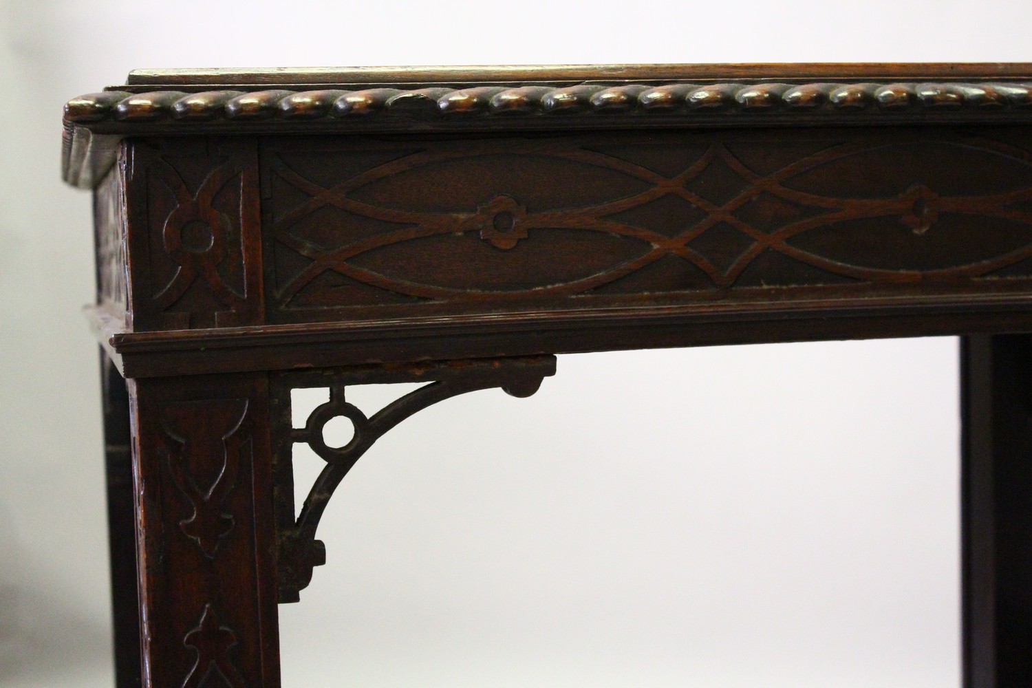 A CHIPPENDALE REVIVAL TWO-TIER MAHOGANY TABLE, with gadrooned edge, blind fret frieze, galleried - Image 2 of 7