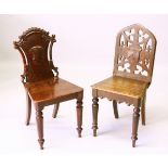 TWO VICTORIAN OAK HALL CHAIRS.