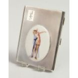 AN ENGINE TURNED CIGARETTE CASE, with an enamel oval of a semi nude with blue dress. Birmingham