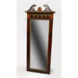 A 19TH CENTURY MAHOGANY AND INLAID DRESSING MIRROR, with pierced swan neck pediment, Gothic arch