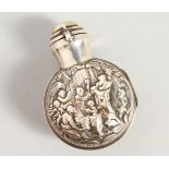 A GOOD VICTORIAN CIRCULAR GLASS SCENT BOTTLE AND STOPPER in a folding silver case repousse with