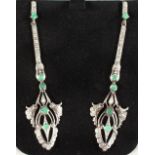 A PAIR OF SILVER AND EMERALD SET LONG DROP EARRINGS.