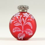A SMALL VICTORIAN CAMEO GLASS RED AND WHITE SCENT BOTTLE, with leaves and flowers and silver top.