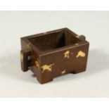 A MINIATURE GOLD SPLASH BRONZE RECTANGULAR CENSER. 7cms wide.