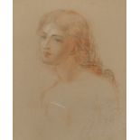 19th Century English School. Study of a Pre-Raphaelite Lady, Pencil and Sanguine, 4.5" x 3.5".