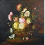 Manner of Jean-Baptiste Monnoyer (1636-1699) Italian. Still Life of Flowers in a Wicker Basket,