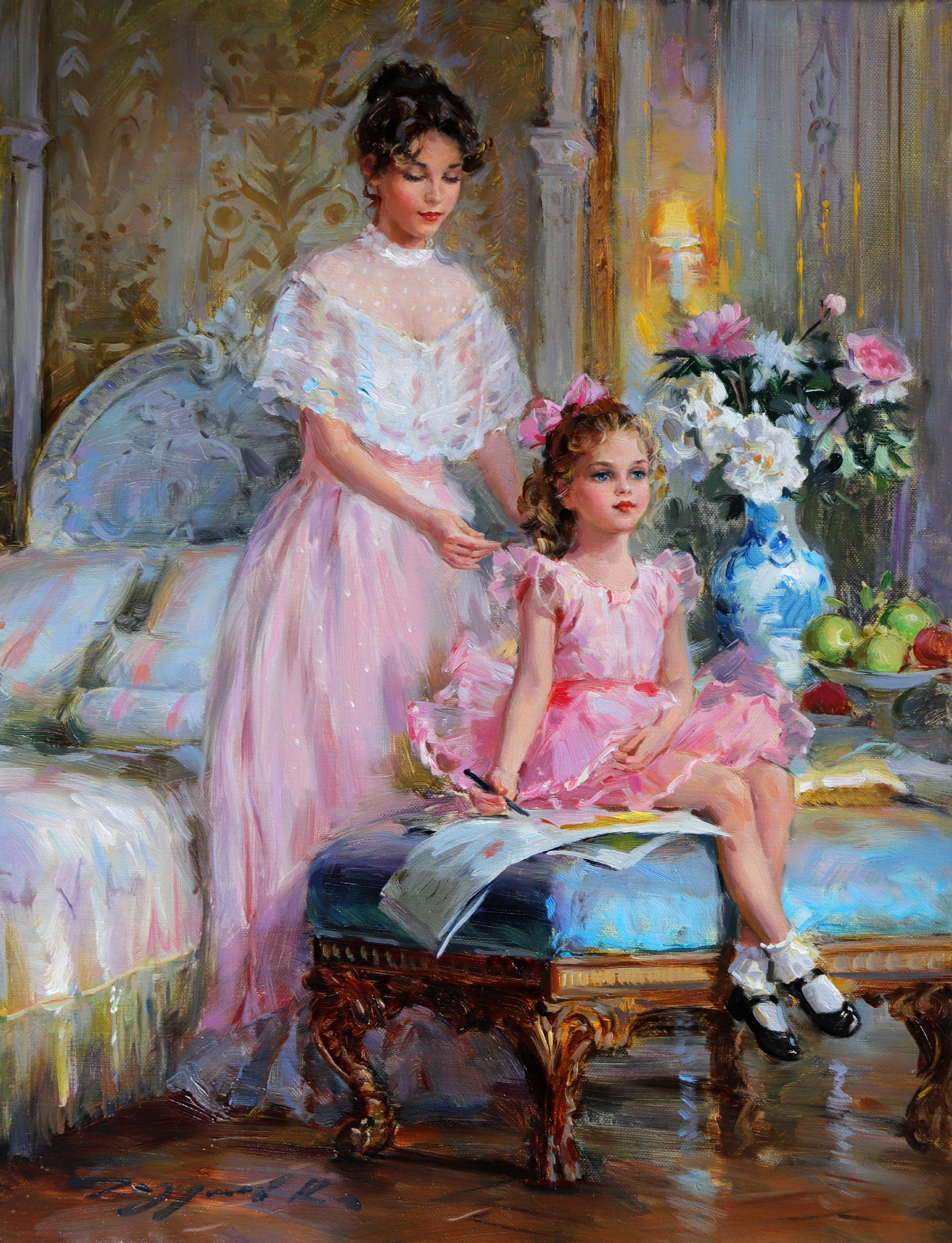 Konstantin Razumov (1974- ) Russian. "In the Bedroom", An Elegant Woman with a Young Girl writing,