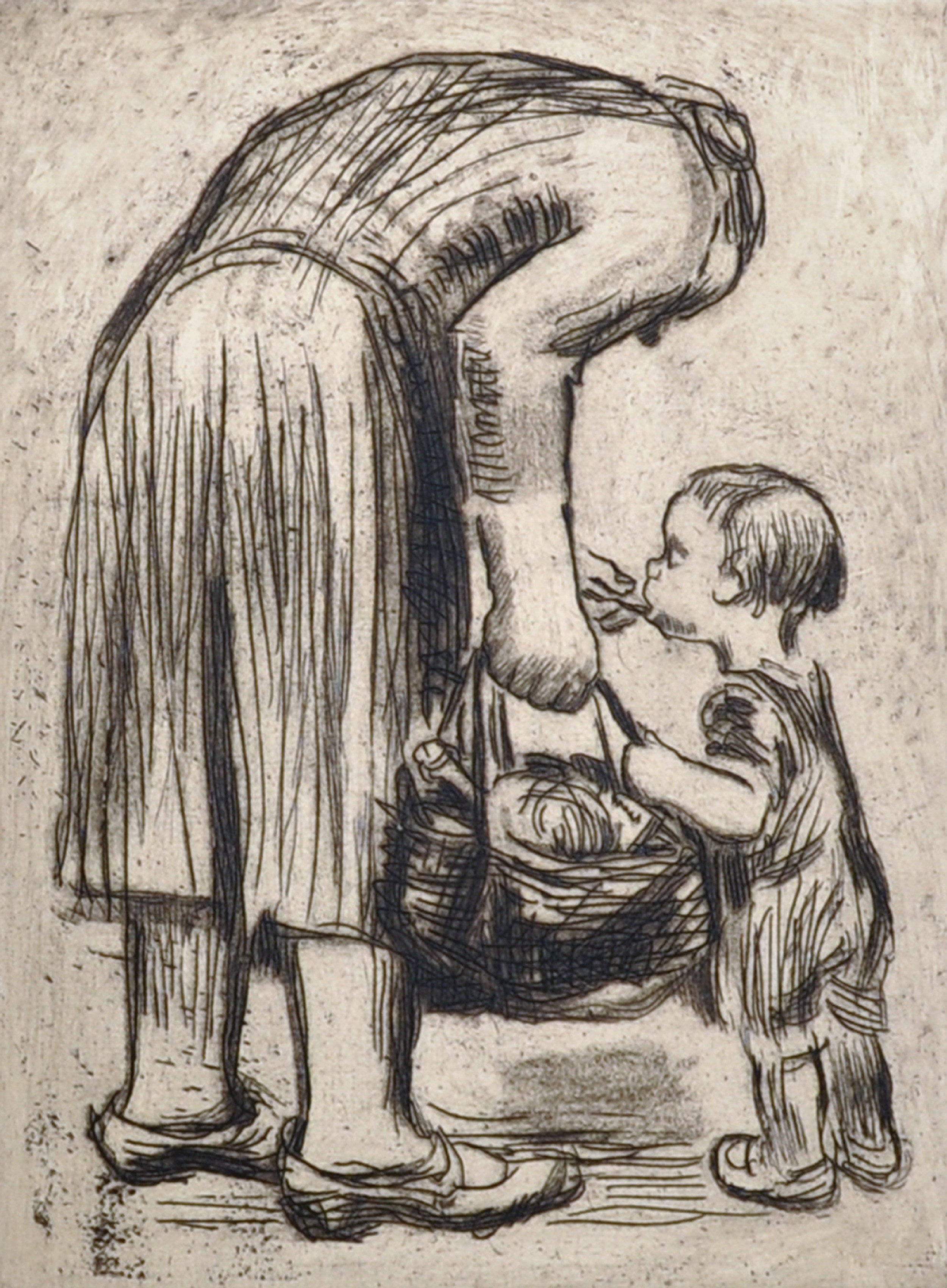 19th Century French School. A Mother Carrying a Basket of Food, with a Small Child, Etching,