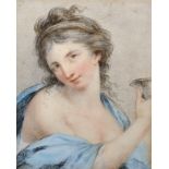 Manner of Francois Boucher (1703-1770) French. Study of a Maiden, holding a Cup, Crayon, 8.5" x 7".