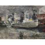 Denis William Reed (1917-1979) British. 'Charlotte', a Boat Docked in a Dockyard, Mixed Media,