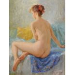 Vladislav Nagornov (1974- ) Russian. "Nude", seated on a Bed, Oil on Canvas, Signed in Cyrillic, and