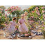 Konstantin Razumov (1974- ) Russian. "In the Rose Garden of Giverny", Three Pretty Young Girls