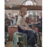 Tom Coates (1941- ) British. "Art Workshop, Newbury", with a Seated Model, Oil on Board, Signed with