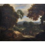 18th Century Dutch School. A Classical Landscape, with Figures and Dogs on a Path, Oil on Canvas,