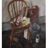 Denis William Reed (1917-1979) British. A Still life of Books, Bottles, a Pipe and Apple on a Chair,
