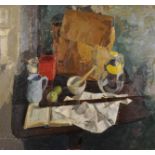 Denis William Reed (1917-1979) British. A Still Life with a Satchel, Jugs, a Book, Flue and Paper on