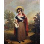 19th Century English School. A Country Girl wearing a Red Cape, standing in a Landscape, Oil on