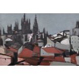 Manner of Michael Ayrton (1921-1975) British. A Townscape, Oil on Canvas, 20.5" x 30".