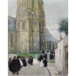 Jules Rene Herve (1887-1981) French. Figures coming out of a Church, Oil on Canvas, Signed, 18" x