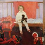 Irina Rudneva Vassilevna (1946- ) Russian. "Little boy on the bed", Holding a Wooden Horse, Oil on