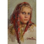 Vera Alexandrovna Maximoushkina (1923-1997) Russian. "Young Girl in a Red Scarf" 1957, Oil on