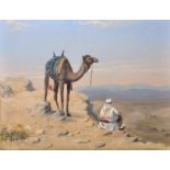 Late 19th Century English School. A Desert Scene with Camel and Man Resting, Oil on Board, Unframed,
