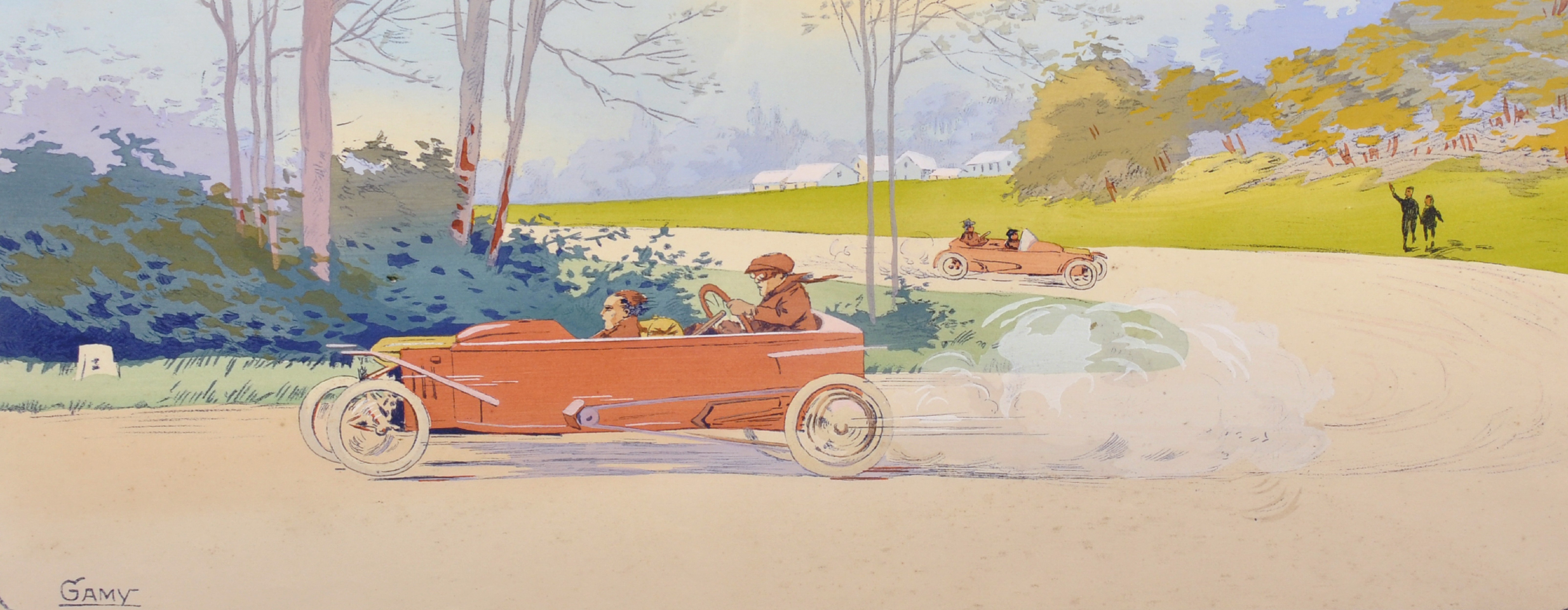 Ernest & Marguerite Gamy Montaut (19th - 20th Century) French. 'Racing Cars', Pochoir Print and