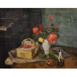 Denis William Reed (1917-1979) British. A Still Life of Roses in a Vase on a Table with a Basket