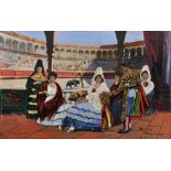 Otillio Alzeum (19th - 20th Century) Spanish. Figures at a Bullfight, Oil on Panel on a Printed