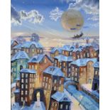 20th Century Russian School. A Rooftop Town Scene, with Figures in an Airship, Oil on Canvas, Signed