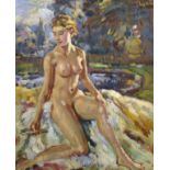 Wilfred Gabriel De Glehn (1870-1951) British. Study of a Nude, seated in a Landscape with a Pond