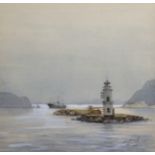 20th Century Russian School. A Study of a Lighthouse, with a Fishing Boat in the distance,
