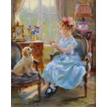 Konstantin Razumov (1974- ) Russian.. "A Treat for my Puppy", a Young Girl unwrapping a Sweet, Oil