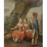 18th Century French School. Two Elegant Girls, with a Musician Playing the Flute, Oil on Canvas,