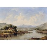 Alfred Vickers (1786-1868) British. An Extensive Mountainous River Landscape, with Moored Boats