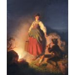 19th Century German School. A Scene by Firelight, with a Young Girl standing holding a Pail, with