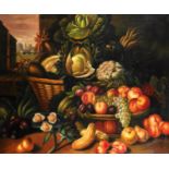 Don Shalik (20th Century) Spanish. Still Life of Fruits and Vegetables in Wicker Baskets, Oil on