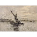 Alexander Mortimer (19th - 20th Century) British. Hay Barges on the Thames, Engraving, Signed in